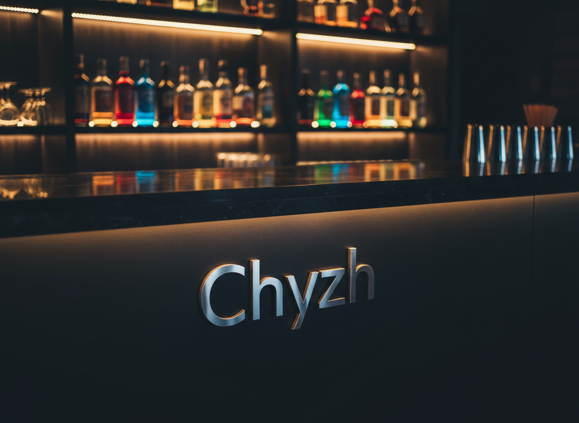 A dramatic close-up of an illuminated bar counter branded with the bold word “Chyzh” in sleek metallic letters embedded into a matte black surface. Rows of crystal-clear bottles filled with vividly colored spirits stand behind on dark wooden shelves, each backlit by a narrow strip of amber LED light that makes the liquids glow. The polished stone countertop reflects the rich hues of the bottles and the sharp logo. Photographic realism, shot at eye level with a shallow depth of field, creating a strong bokeh of blurred shelving in the background. The lighting is low and moody, with focused highlights on glass and metal, conveying a bold, energetic nightlife atmosphere perfect for a modern bar website hero image.