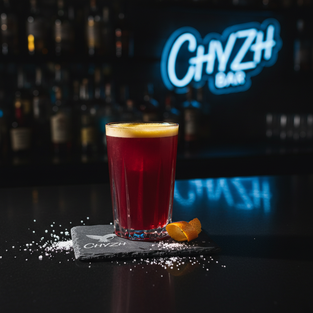 A close, cinematic photographic shot of a signature Chyzh cocktail being showcased on a glossy black bar surface: a tall, angular glass filled with deep ruby-red liquid, layered with a thin, bright citrus foam on top. The glass rests on a square slate coaster engraved subtly with the Chyzh logo. Around it, scattered coarse salt crystals and a curled strip of orange peel add tactile detail. The background reveals a blurred array of neon-lit bottle outlines and a glowing bar sign, but remains out of focus. Strong side lighting from the left carves sharp highlights along the glass edges and creates deep, dramatic shadows on the surface, evoking a bold, sophisticated, almost cinematic mood that emphasizes crafted drinks and contemporary style.