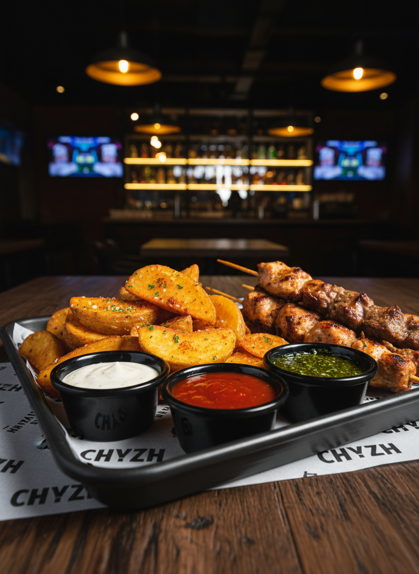 A richly detailed photographic close-up of a game-night snack spread at Chyzh, arranged on a dark, industrial-style metal tray with a subtle brushed texture. The tray holds golden, crispy potato wedges dusted with visible seasoning, skewers of grilled meat with charred edges, and small black ceramic bowls overflowing with bright sauces—creamy white garlic, vivid red chili, and herb-flecked green. The tray sits on a rough, dark wood table with a Chyzh-branded paper liner beneath, featuring strong, angular typography. Overhead pendant lighting casts warm, directional light that enhances textures, from the crunch of the wedges to the sheen on the sauces, while the background dissolves into a soft blur of bar shelves and screens. The mood is bold, indulgent, and energetic, perfectly capturing the essence of tasty bar food.