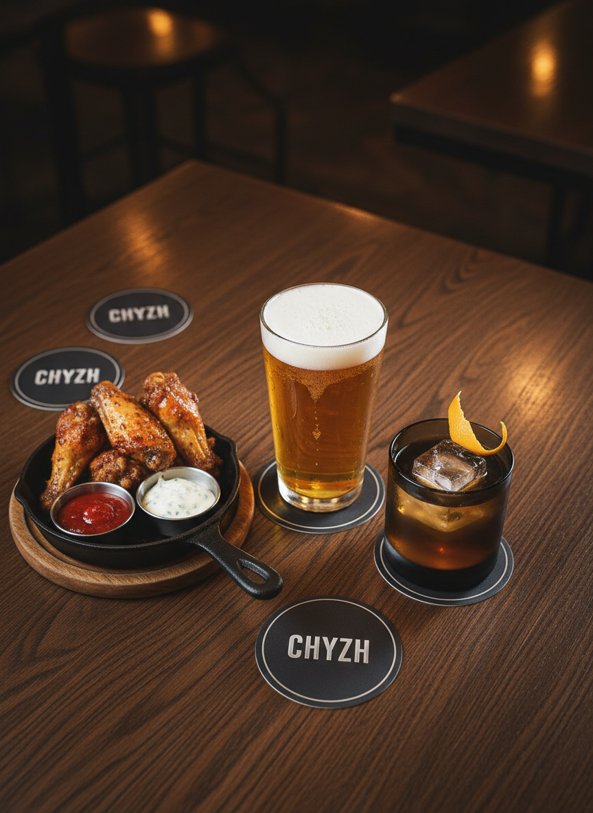An overhead photographic shot of a heavy wooden bar table set at Chyzh, featuring a bold arrangement of drinks and snacks: a frosty glass of golden beer with a thick, foamy head, a dark matte rocks glass with an amber cocktail and a large clear ice cube, and a small cast-iron skillet piled with crispy wings and vibrant dipping sauces. The table surface is deep walnut with visible grain, scattered with branded Chyzh coasters in black and metallic silver. Warm pendant lighting from above creates rich highlights on the glassware and appetizing sheen on the food, while the background softly fades into darkness. The mood is vibrant and indulgent, with photographic realism and a sharp focus on textures and colors that emphasize taste and bold enjoyment.