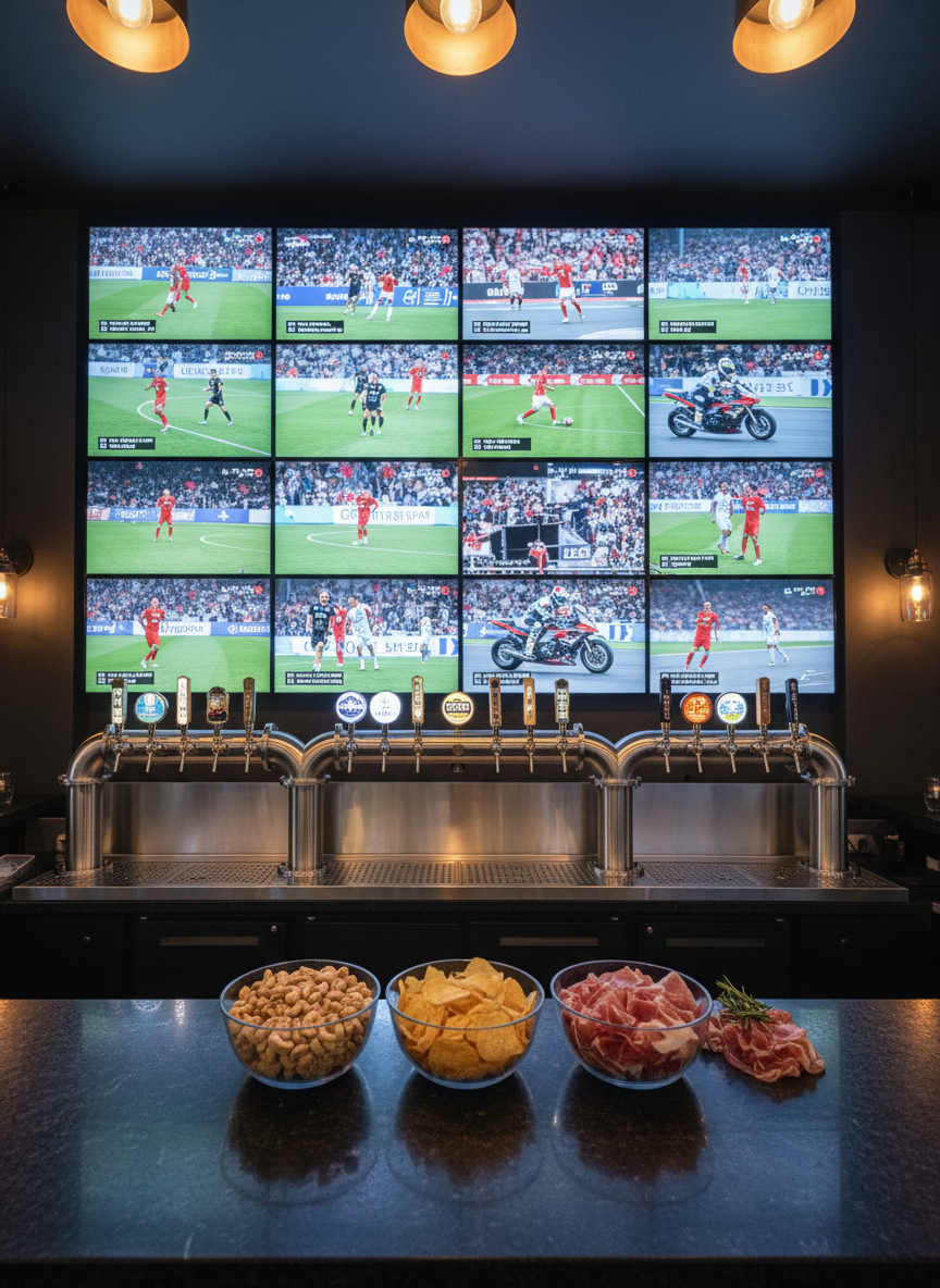 A wide, photographic interior view of the Chyzh bar from behind the counter, focusing on an impressive wall of backlit screens showing various sports events simultaneously: football, basketball, and motorsports. Below the screens, rows of polished taps with metallic finishes and engraved labels line a brushed steel draft tower, droplets of condensation catching the warm overhead light. The bar counter is dark stone, subtly reflective, with neatly arranged snack bowls—salted nuts, chips, and cured meat slices—adding color and texture. The lighting blends cool screen glow with warm bar lamps, creating a dynamic contrast. Shot at a slightly low angle to emphasize the scale of the screens, with photographic realism and sharp clarity, the atmosphere feels high-energy, immersive, and unapologetically bold, ideal for promoting game-night broadcasts.